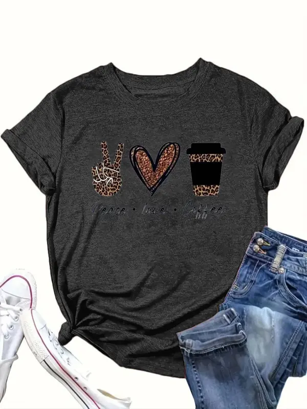 【Plus Size】 Cartoon Coffee Cup & Heart Print Round Neck Tee, Fashion Casual Crew Neck Short Sleeve T-Shirt for Daily Outdoor Wear, Women Clothing for Summer 5