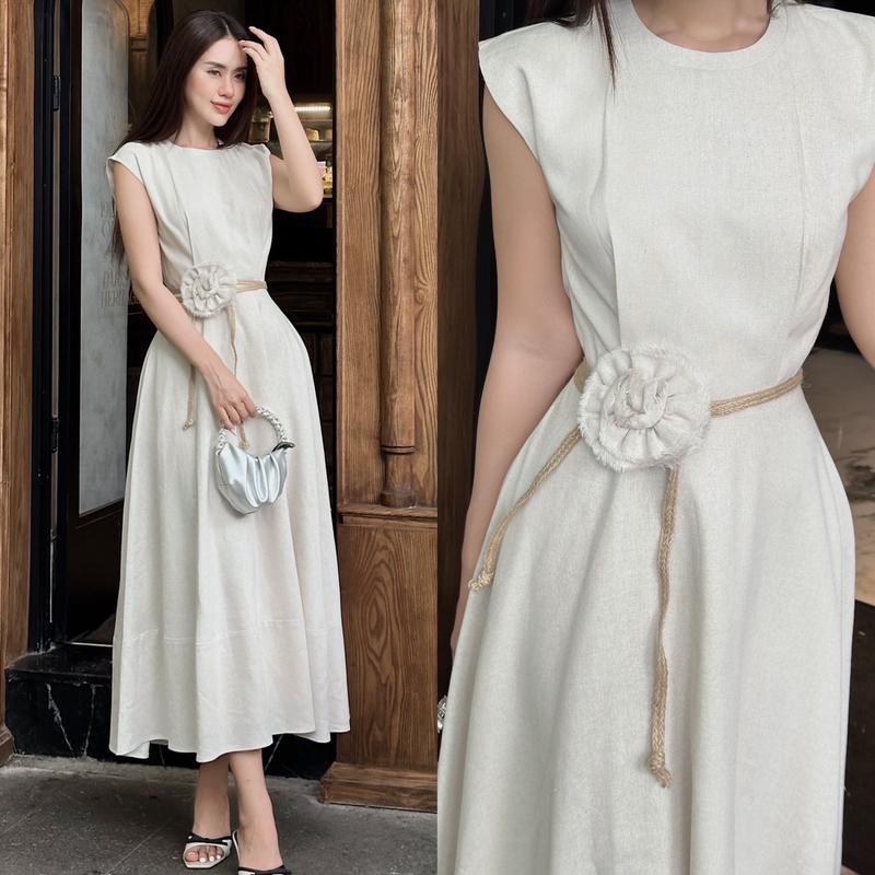 Đầm linen sát nách cột dây eo kèm hoa dáng dài Kem Nữ Women Dress