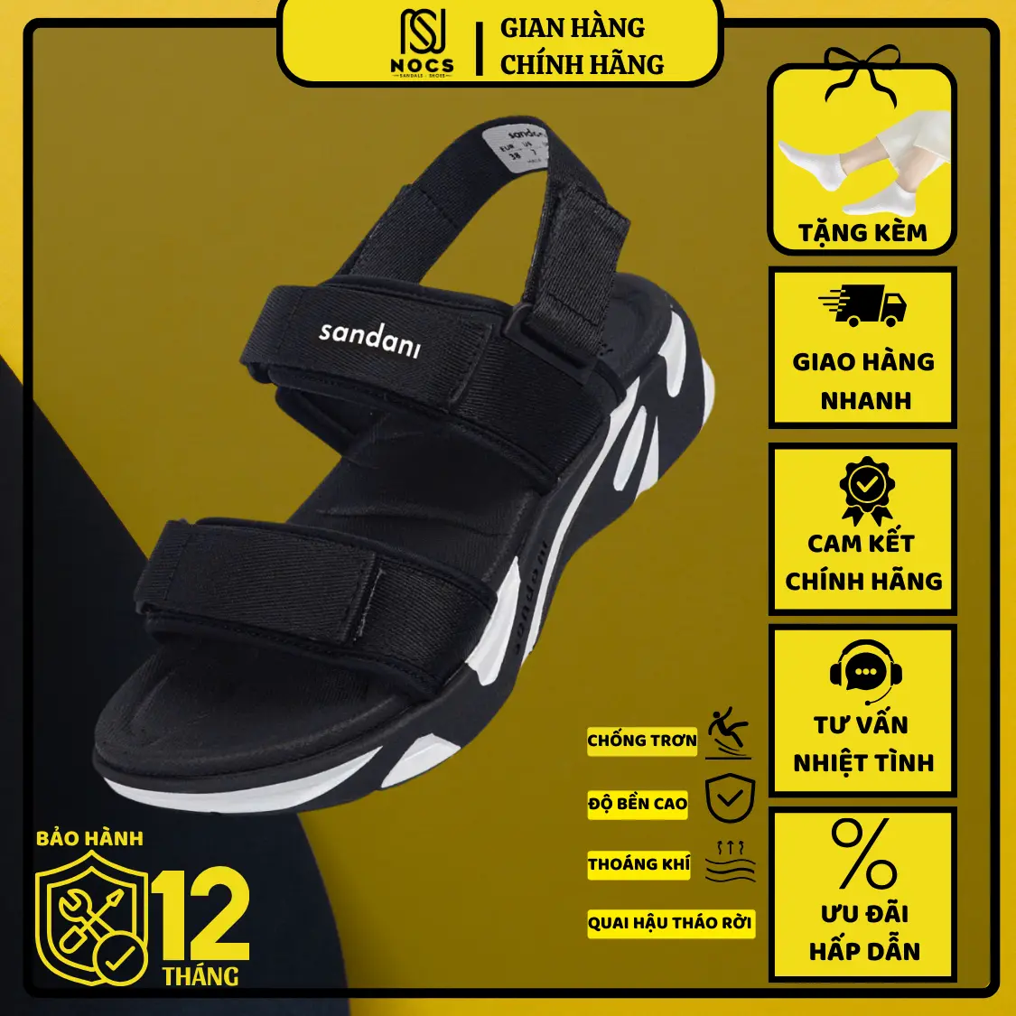 Giày Sandal Nam Nữ S3 2 Quai Ngang Đen Siêu Dễ Thương Siêu Bền - Tặng kèm vớ Đế Bằng DéP