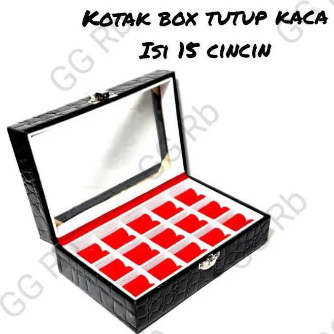 KOTAK BOX PENUTUP KACA ISI 15 CINCIN BATU AKIK DAN PERMATA Kulit