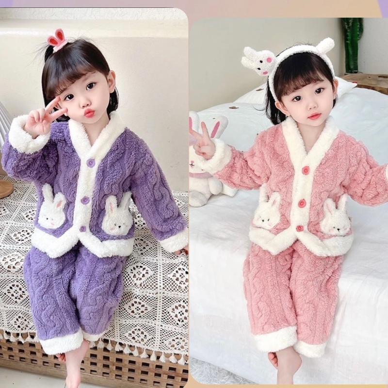 Đồ bộ pizama lông thêu hình thỏ cho bé gái 2-5 tuổi - Bộ đồ ngủ đáng yêu bé gái. Bộ lông siêu dày ấm áp mùa thu đông cho bé gái 10-25kg