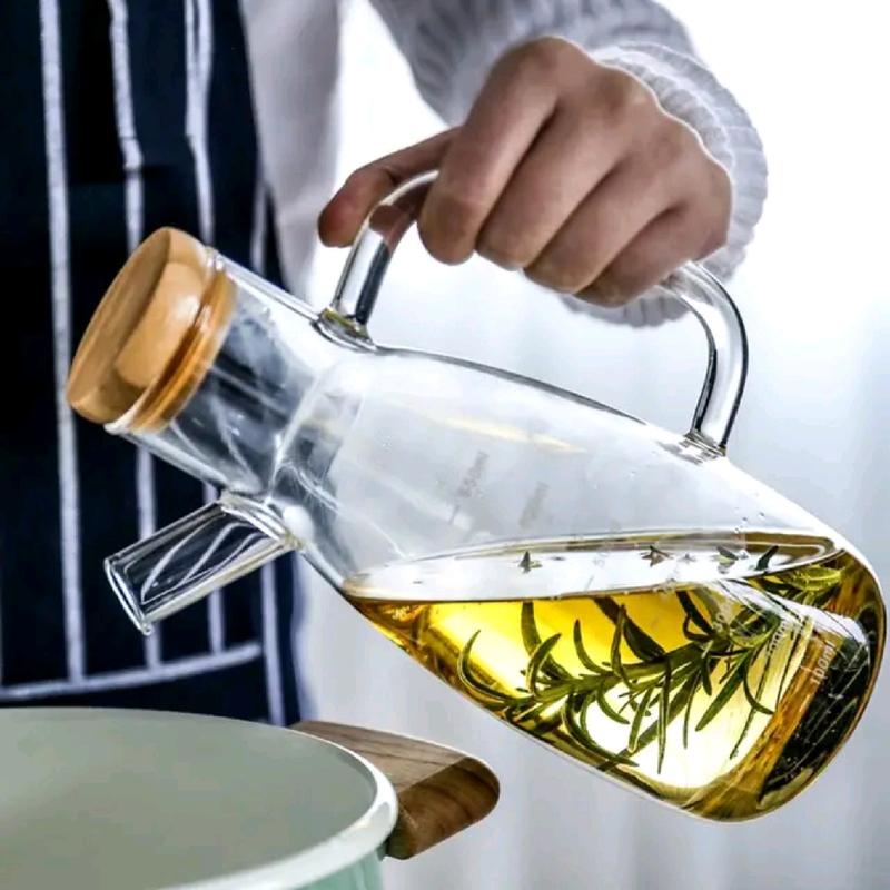 Botol Minyak Goreng Borosilicate Glass Wadah Kaca Oil Pot Leak Proof Tutup Kayu 700 ML 1