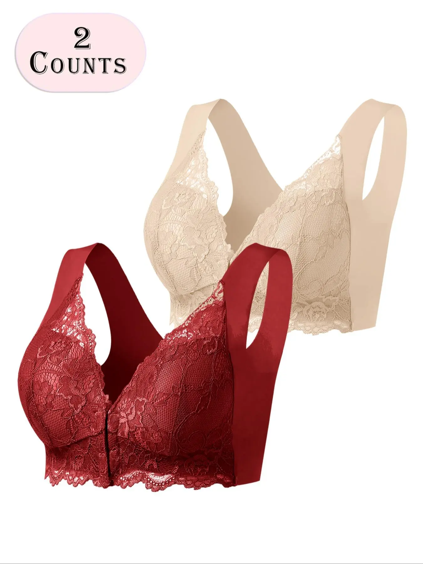 Women's Solid Color Hook & Eye Front Sheer Lace Push Up Bra, Comfortable Breathable Bra, Soft Lingerie for All Seasons