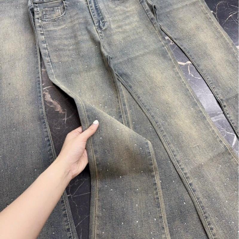 Quần jean nữ ống loe đính đá bling màu xanh bụi lưng siêu cao hách dáng