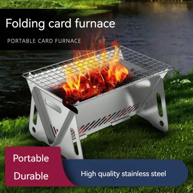 #KUP 1pc Portable Stainless Steel Camp Stove With Removable Grill Mesh - Perfect For Outdoor Camping And Picnics 0