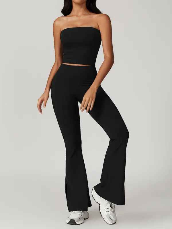 Two-Piece Set Women's Solid Crop Tube Top & High Waist Flare Leg Tracksuit Set, Sporty Breathable Comfortable Outfits for Yoga Gym Workout Running, Ladies Sportswear for Fall 0