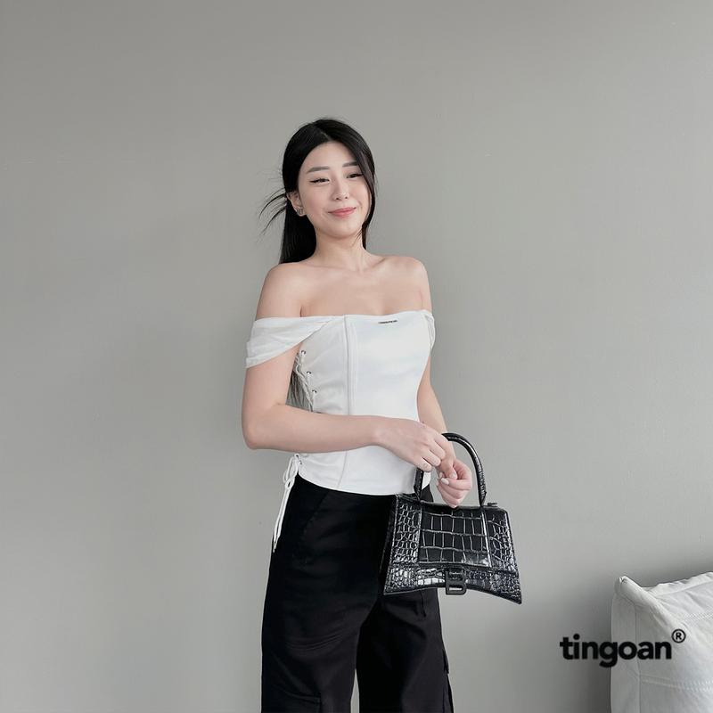 TINGOAN - Áo corset phối tay trễ vai đan dây sườn trắng UNSEEN TOP/WH