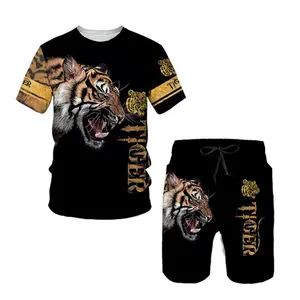 Setelan Satu Set Kaos Lion King Full Printing Poliester Lengan pendek Celana Keren Santai