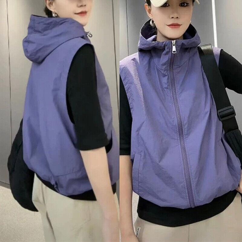 Women Hooded Vest Sleeveless Zipper Waistcoat Drawstring Thin Coat with Pockets 6