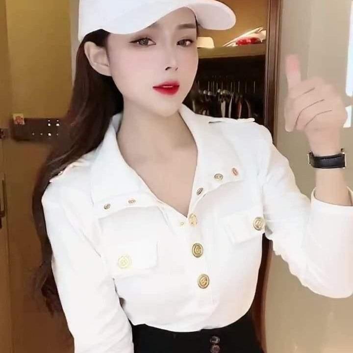 Aó Thun Cotton Cổ POLO Phối Cúc  Thời Trang Mùa Thu Dành Cho Nữ Áo Top Màu Trắng Women Voi Jean Shirt a o đại học màu xám [phiên bản chất lượng] hàn quốc trễ vai Có Cổ Nhung Có Cổ