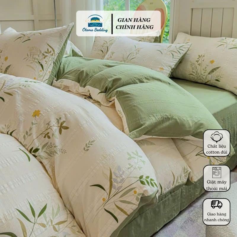 Bộ 4 món vỏ chăn (chưa kèm ruột chưa trần bông) ga gối cotton đũi họa tiết vintage hoa nhí decor Hàn Quốc Otama Bedding