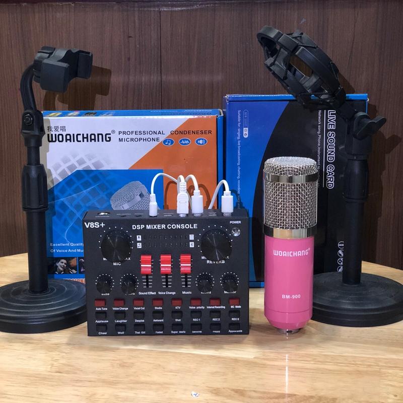 soundcard v8s míc Bm900 woaichang chuyên dụng livestream thu âm bomic thuam