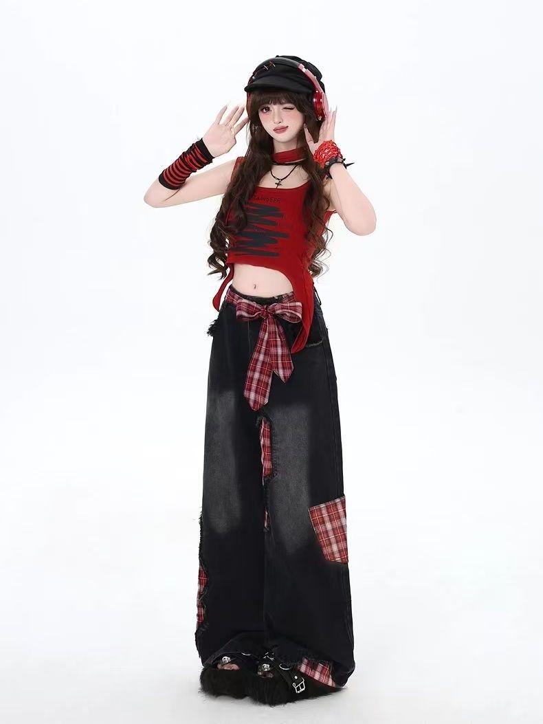 Product Introduction of Quần jeans nữ ống rộng thời trang form rộng Quần Jean Ống Rộng, Cỡ Nhỏ Phong Cách Mỹ Kẻ Sọc Chắp Vá, Có Thắt Nơ, Dành Cho Nữ, Hàng Mới Về Cho Mùa Thu Và Mùa Đông, Quần Dài Dáng Rộng Phong Cách Đường Phố Cao Cấpy2ky2kquần jeans nữquần jean ngầu 7