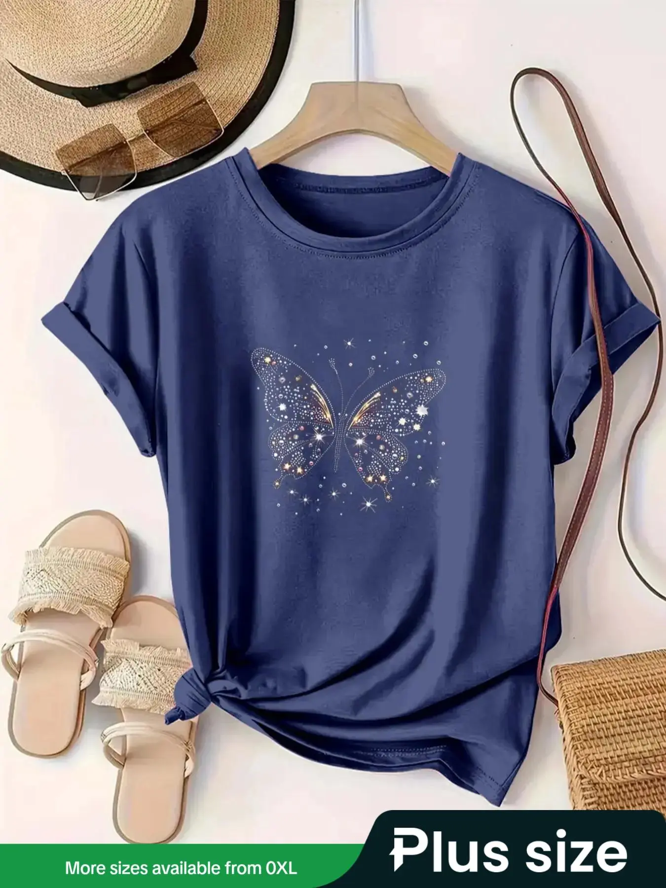 【Plus Size】 Butterfly Print Round Neck Tee, Casual Breathable Short Sleeve T-shirt, Women's Plus Size Summer Clothing for Daily Wear