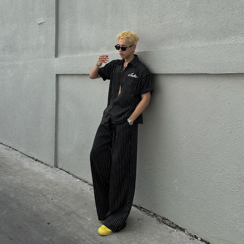 Áo sơ mi tay ngắn thêu khối mút FAFIC dáng BOXY nam nữ basic striped shirt hàn quốc Menswear Cổ Tròn