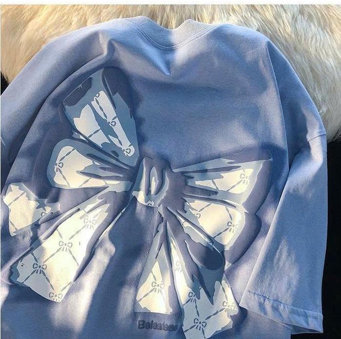 [SIZE M] Áo thun cái nơ BOW chữ in nổi tay lỡ nam nữ phông form rộng teen cổ tròn freesize cotton giá rẻ basic dễ thương đơn giản menswear 0