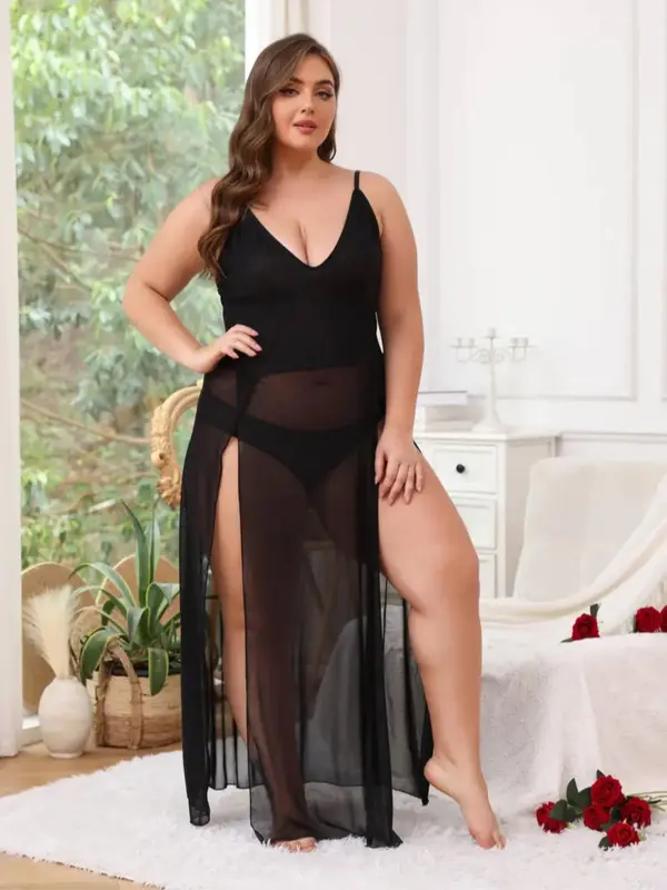 Plus Size 2pcs Sexy Sheer Split Thigh High Waist Cami Dress & Panty Set, Solid Spaghetti Strap Long Dress & Panty, Women's Two-piece Wear for All Seasons 3