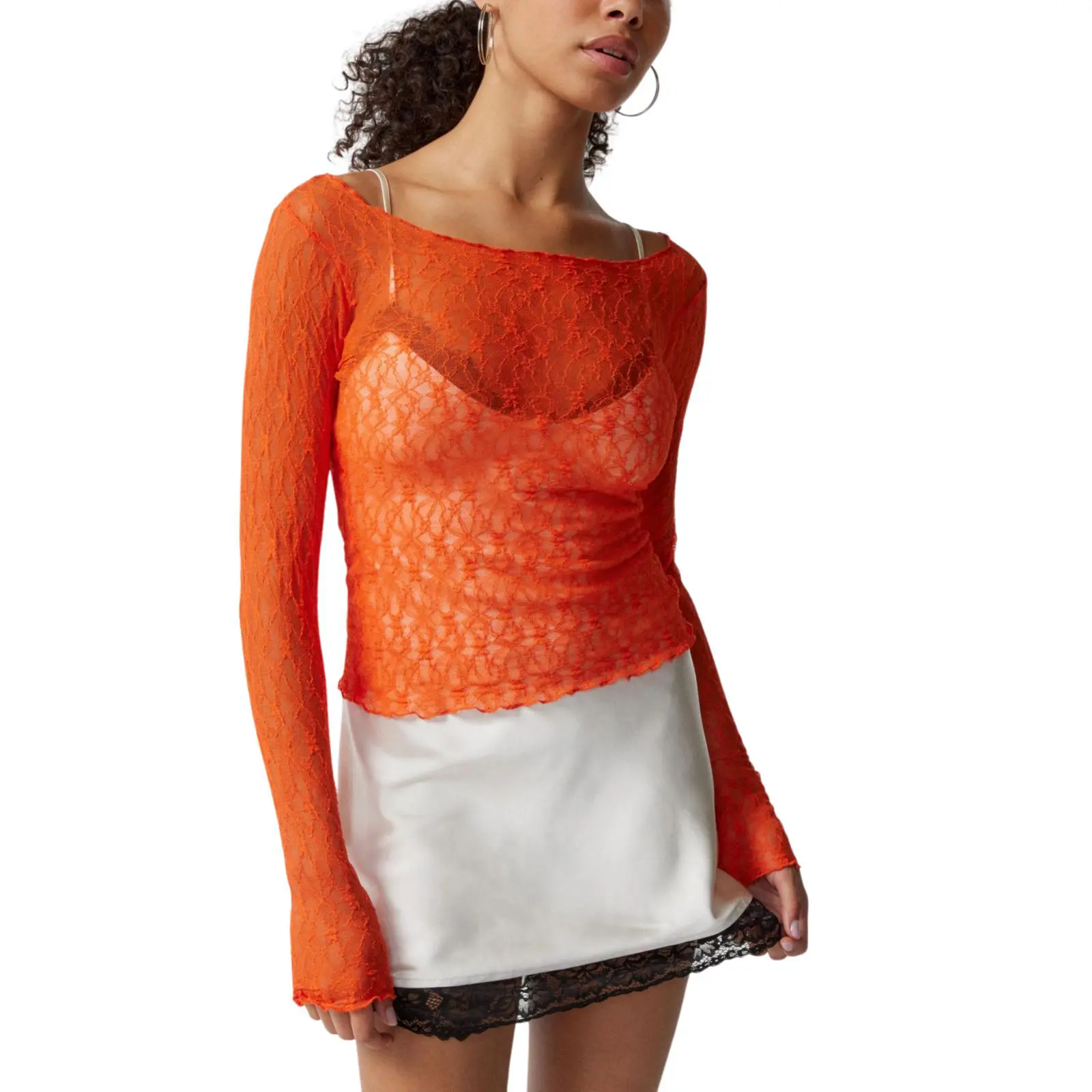Women's Summer Sheer Crop Tops Long Sleeve Fitted Short Lace Going Out Tops for Party
