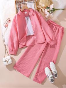 Conjunto de dos piezas para niña en color sólido / con patrón de moño, conjunto de camisa con cuello y pantalones, casual de manga larga para primavera y otoño, ropa para niños para uso diario