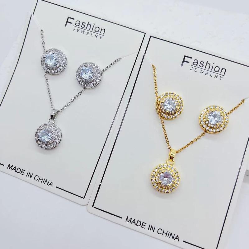 Product Introduction of New Copper Plated Real Gold Micro Inlaid Zirconium round Zircon Earrings Necklace Two-Piece Suit Ornament 3