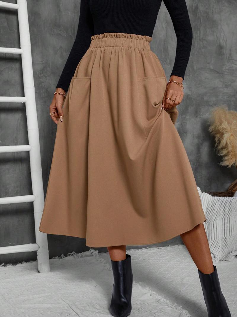 Product Introduction of 【2025】Women's Solid Frill Trim Elastic Waist Skirt, Casual Fashion Pocket A Line Midi Skirt for Daily Outdoor Wear, Women's Bottoms for Spring & Fall 2