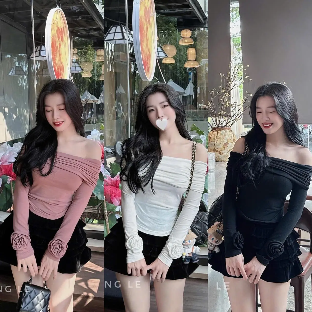 Áo thun nhũ trễ vai tay dày dáng ôm tay đính hoa 3màu  Women