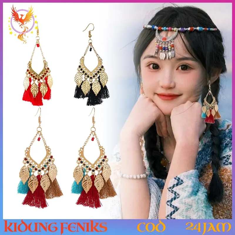2pcs Anting Tassel Etnik Daun Emas Turquoise Berwarna/Merah/Hitam Bohemian Aksesori Liburan Pantai