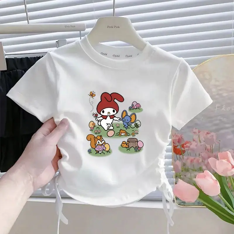 Áo ngắn Tay Cotton, Cho Bé Gái, Thiết Kế Hoạt Hình Ngọt Ngào Dây Rút, Phong Cách Công Chúa, Áo Thun, 2025, Thích Hợp Cho Bé Gái, Hàng Mới Về Mùa Hè 3