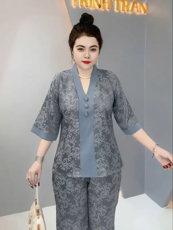 Bộ BÀI LAI GẤM NÚT BỌC tay lỡ quần dài, bộ gồm 2 món áo và quần. 2