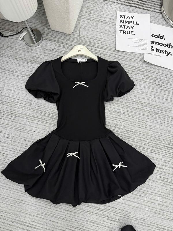 Váy cổ vuông chất thun zip phối thân dưới dáng bí, đính nơ trang trí - Đi chơi dạo phố siêu xinh 1