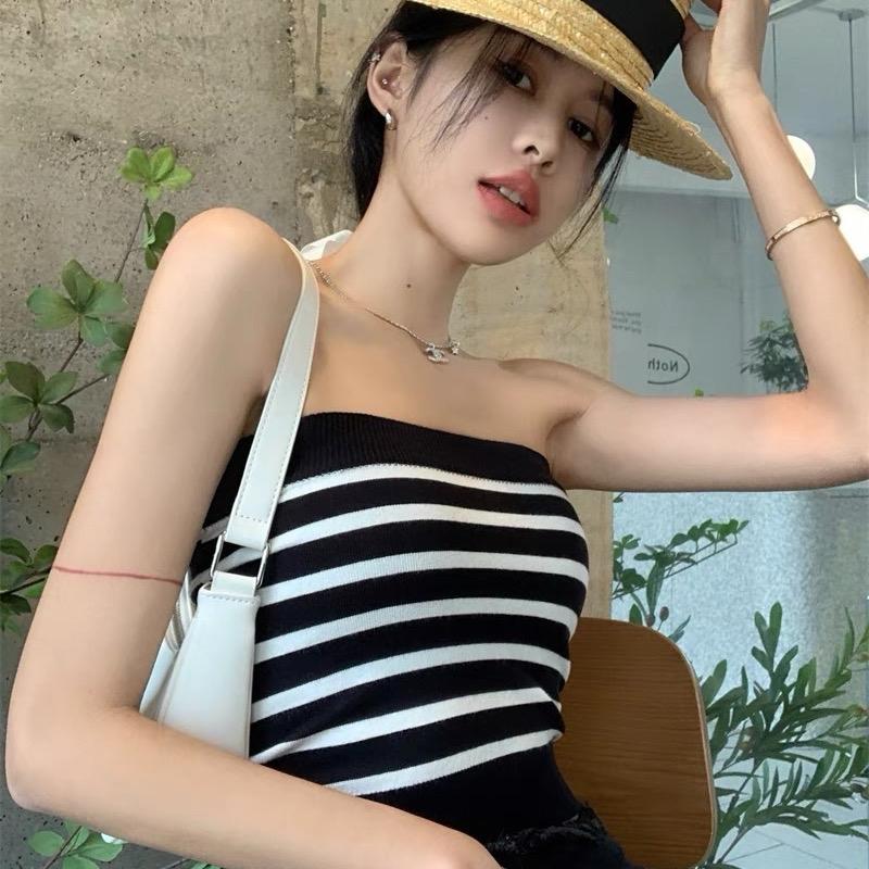 ￼Áo ống cúp ngực áo quây ngực không dây len nữ ôm body dáng croptop kiểu kẻ ngang hàng dệt kim đẹp Quảng Châu 