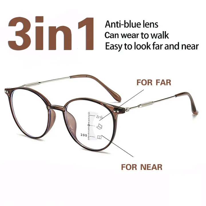 TLB-แว่นตาอ่านหนังสือ Progressive Multifocal, 3 in1, สำหรับผู้ชายและผู้หญิง, มองไกลและใกล้ได้ง่าย, แว่นตาป้องกันแสงสีฟ้า, มีตั้งแต่ +100 ถึง +400, เหมาะสำหรับสายตาสั้น, มาใหม่