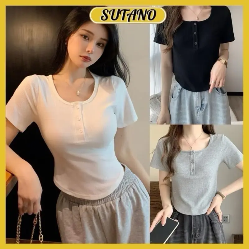 ￼Áo thun nữ cộc tay áo vạt bầu 3KHUY Cổ U 0