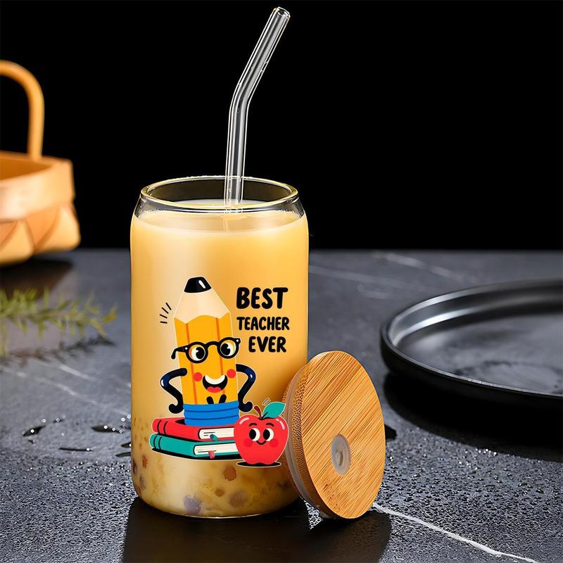 16oz Glass Cup with Straw & Brush, 1 Count Cute Cartoon Pattern Glass Cup, Drinking Cup for Home Office School, Gift for Teacher, Drinkware 8