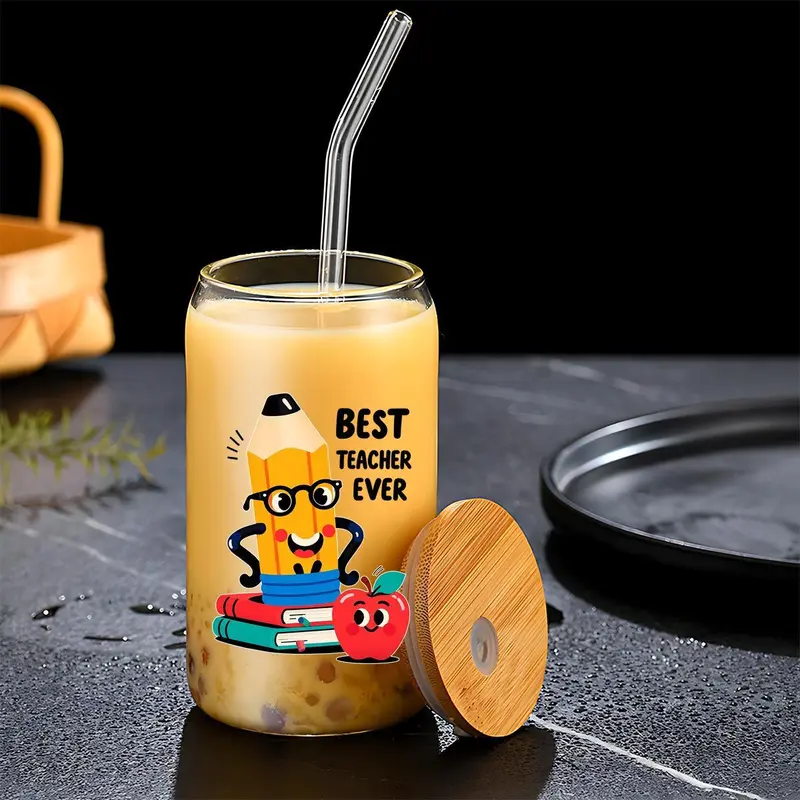 16oz Glass Cup with Straw & Brush, 1 Count Cute Cartoon Pattern Glass Cup, Drinking Cup for Home Office School, Gift for Teacher, Drinkware 8