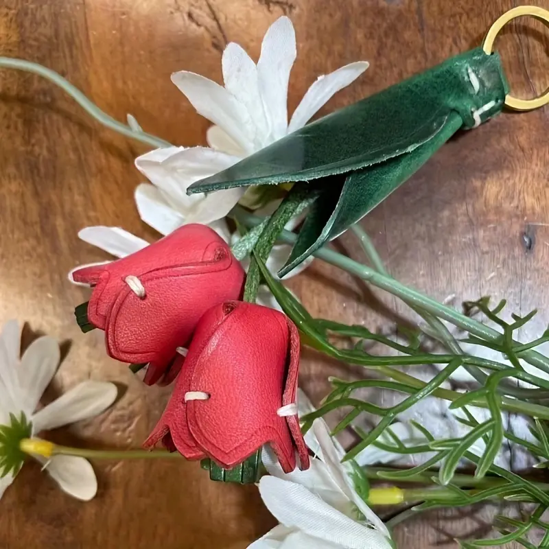 bag charm [Leather Keychain] Colorful Handmade PU Leather Rose Keychain | Tulip Flower Design with Metal Ring, Accessory for Womens Bags, Wallets, or Keys, Perfect Valentines Day Gift, Bag Accessory | Decorative Keychain | PU Leather Tulip 3