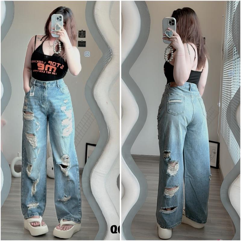 Ngọc Bích Bigsize Quần Jean Suông Rách 2 Mặt Màu Xanh Bụi Mã Số QC 5002 Nữ Women