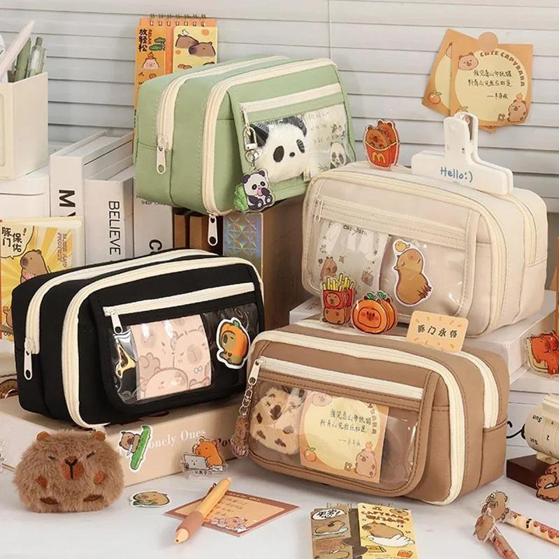 Hộp Bút Vải Canvas 2 Ngăn Dung Tích Lớn Capybara Túi Đựng Bút Dễ Thương Học Sinh Nữ Văn Phòng