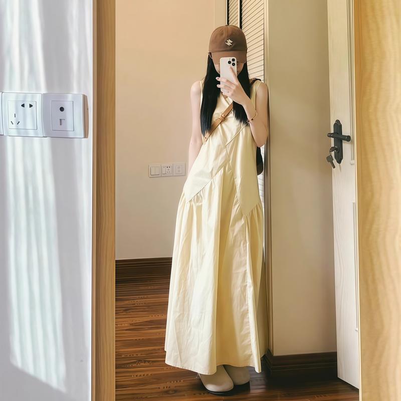 Product Introduction of Váy đi biển trễ vai Đầm bigsize nữ Váy dài Mùa hè Áo ba lỗ không tay váy liền hai dây màu vàng váy dài khí chất mùa hè cho nữ 1