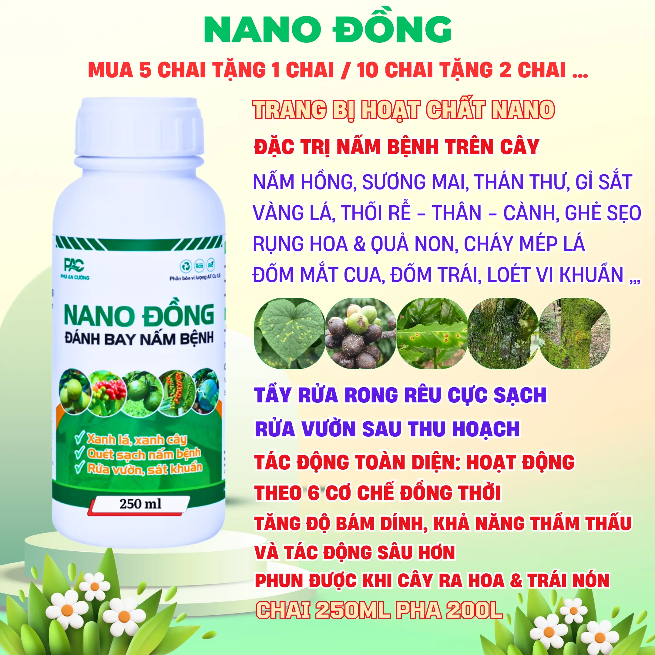 Nano Đồng ( Mua 5 chai tặng thêm 1 chai ) : Xanh lá, xanh cây, đánh bay rong rêu, rửa vườn sát khuẩn