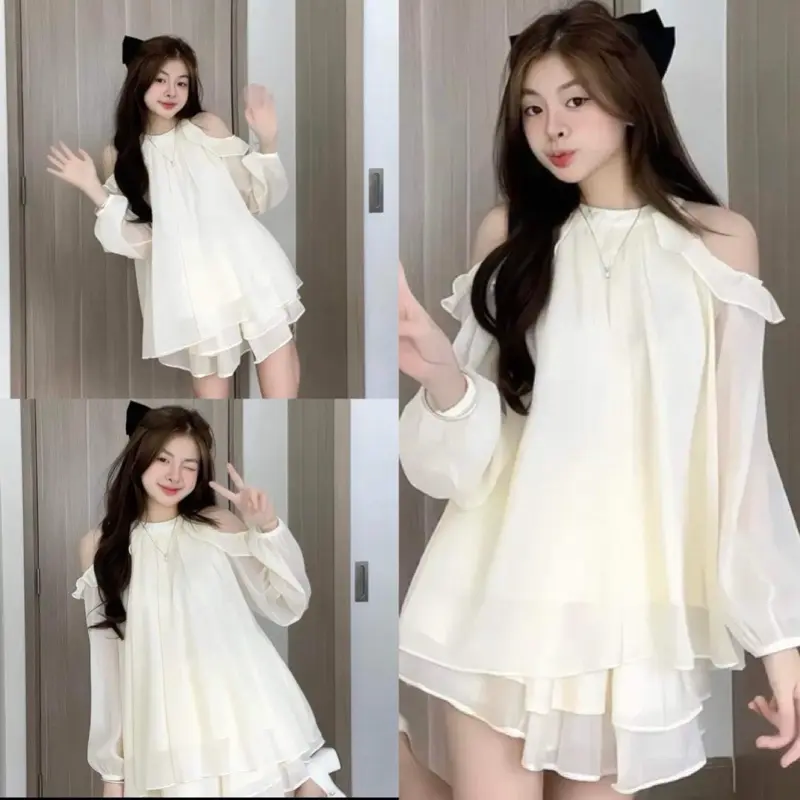 Sét áo babydoll cổ yếm khoét vai tay bồng kèm quần short chất voan tơ 2 lớp, Áo nữ kiểu trễ vai tiểu thư đi chơi dự tiệc, CACA SHOP
