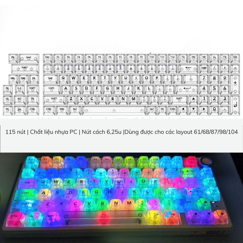 Keycap trong suốt, phụ kiện văn phòng 24/7, nhựa PC, profile OEM, phụ hợp các lauout  61/68/87/98/104.