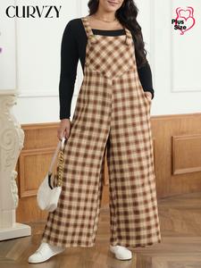 CURVZY Plus Size Plaid Print Overalls, Casual Comfy Overalls Jumpsuit for Women, Women's Plus Clothing for Spring Fall
