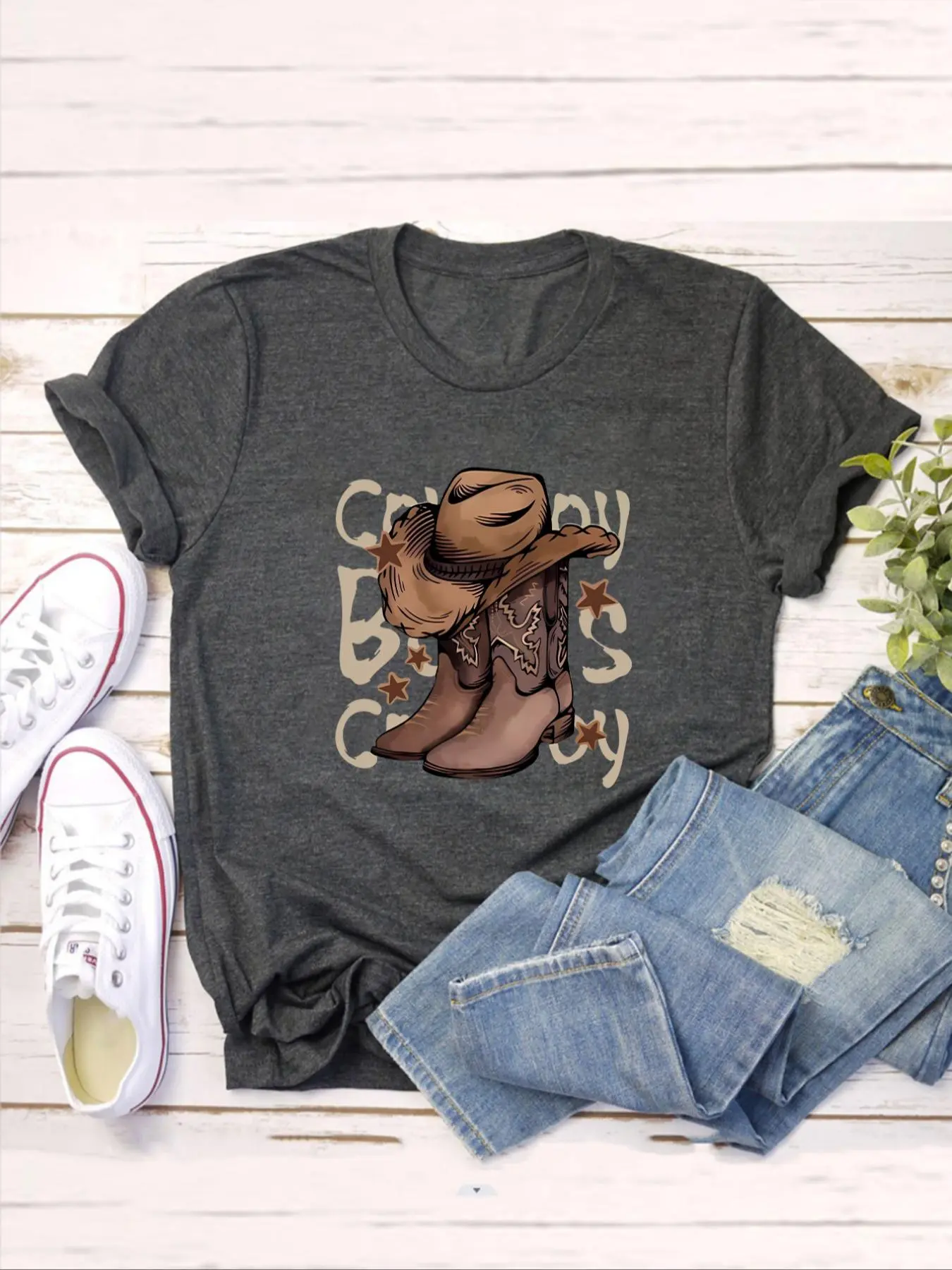 Plus Size Cowboy Hat & Letter Print Round Neck Tee, Vintage Trendy Casual Short Sleeve T-shirt for Daily Wear, Ladies Plus Clothing for Summer