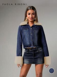 Women's Plain Button Front Raw Hem Crop Denim Jacket, Casual Split Sleeve Removable Collared Fuzzy Trim Outerwear for Fall & Winter, Ladies Clothes for Daily Wear