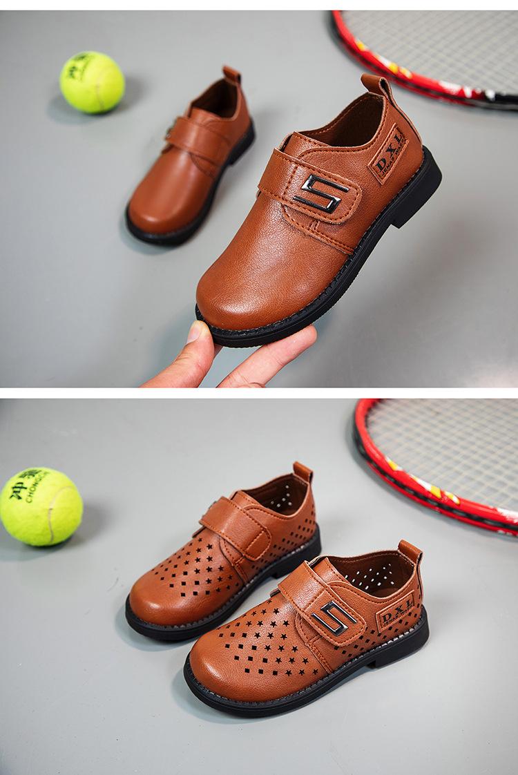 Product Introduction of Spring and Autumn New Black Breathable Casual British Leather Shoes Hollow Velcro Hole Student Soft Bottom Lazy Boy's Shoes 28