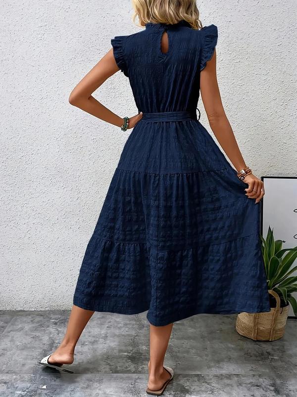 Plain Belted Ruffle Hem Frill Trim Keyhole Neckline Butterfly Sleeve Dress, Boho Cap Sleeve A Line Long Dress for Beach Holiday Vacation, Ladies Summer Clothes 7