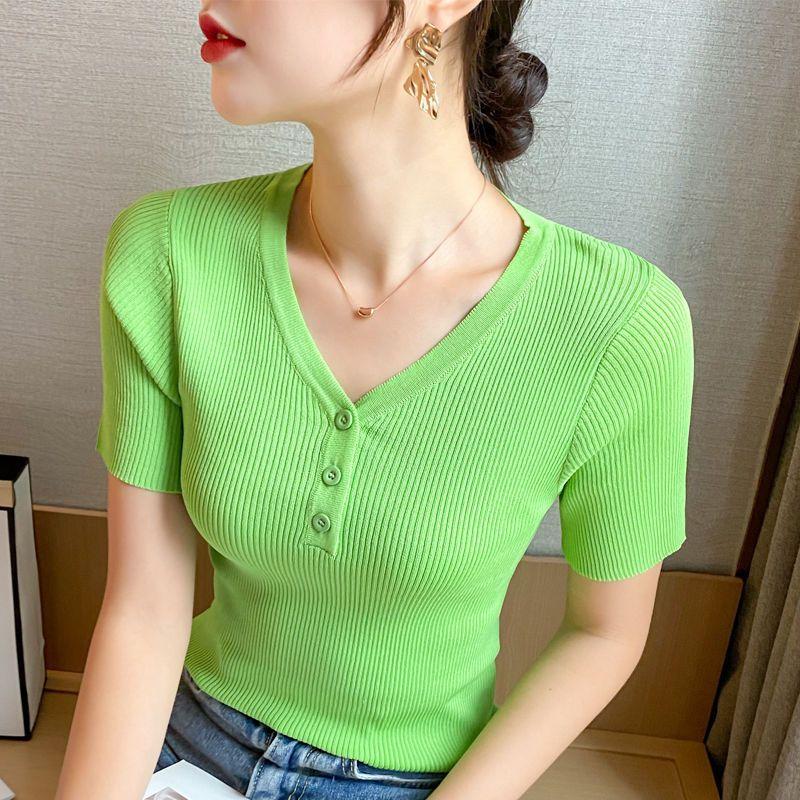 Áo Thun Mùa Hè, ngắn Tay, Chất Liệu Lụa Lạnh Dành Cho Nữ, Phong Cách Hàn Quốc, Dáng Ôm, Cổ Chữ V, Thiết Kế Nút, Áo Mỏng, Hợp Xu hướng, Hàng Mới Về Năm 2025 1