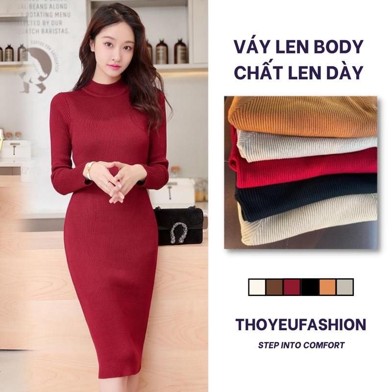 Váy len body, váy len tăm cổ 3 phân silive dáng ôm qua gối, chất len dày dặn Nữ Dress Đỏ