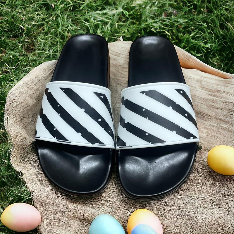 Dép lê nam quai ngang trắng sọc chéo 2024 Slipper DéP Đế Bằng Cao Su
